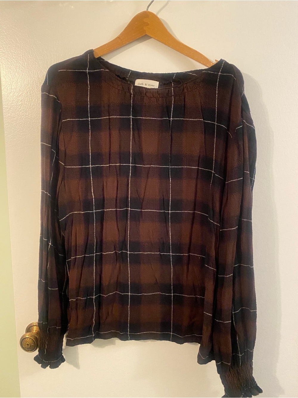 Cloth &Stone  Brown & Black Plaid Long-Sleeve Blouse